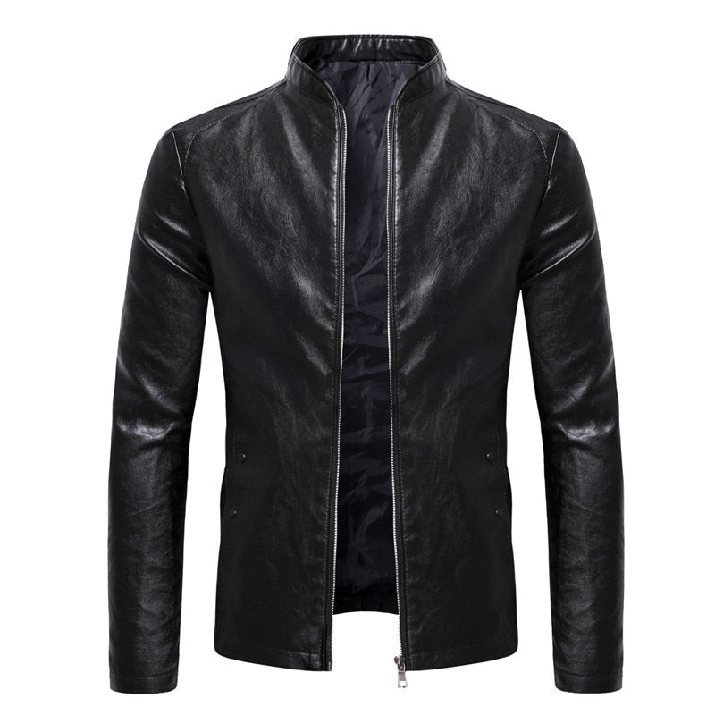 Men's Spring and Autumn New Business Casual Slim Long-sleeved Pu Leather Jacket Jacket Side Seam Pocket Zipper Solid Color