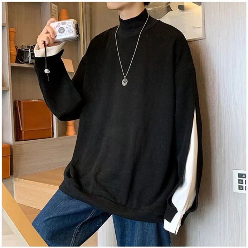 saferido Men's High Collar Sweatshirt Patchwork Pullover Long Sleeve Spring Autumn Tops Loose Sweatshirts