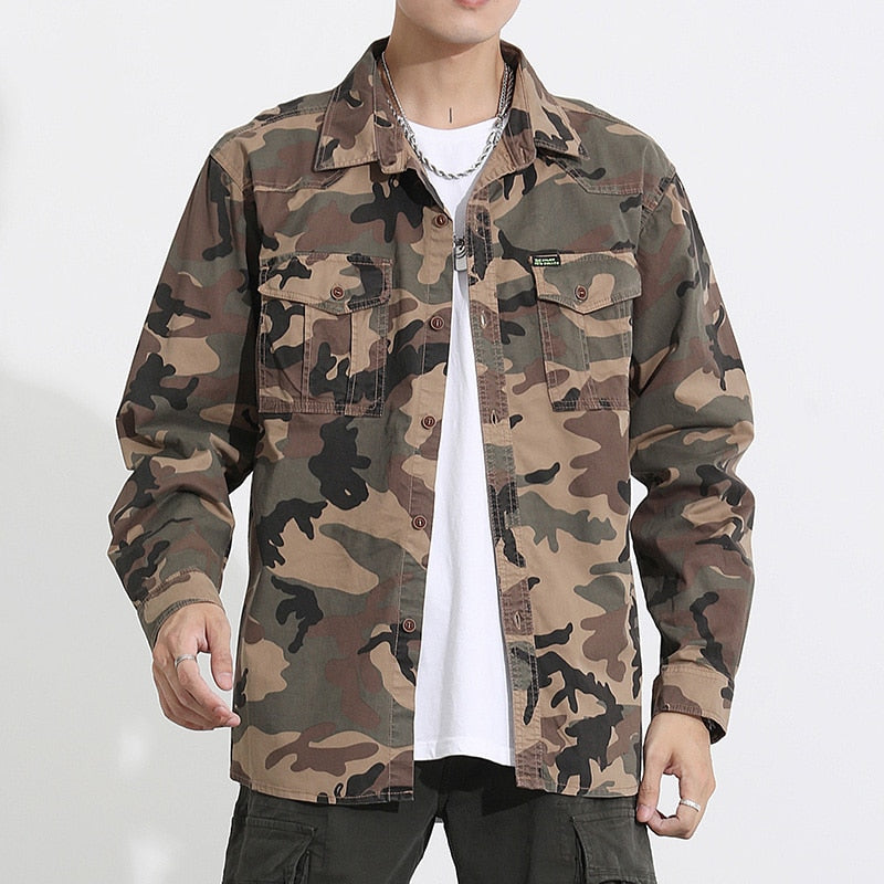 Men's Camouflage Tactical Shirts Cotton Relaxed Fit Long Sleeves Work Shirts With Pockets Outdoor Button Down Military Tops