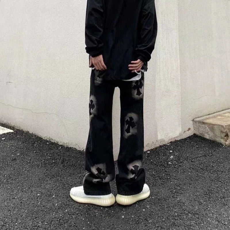saferido American Vintage High Street Y2K Cross Print Loose Black Jeans Men's Fashion Straight Wide Leg Pants