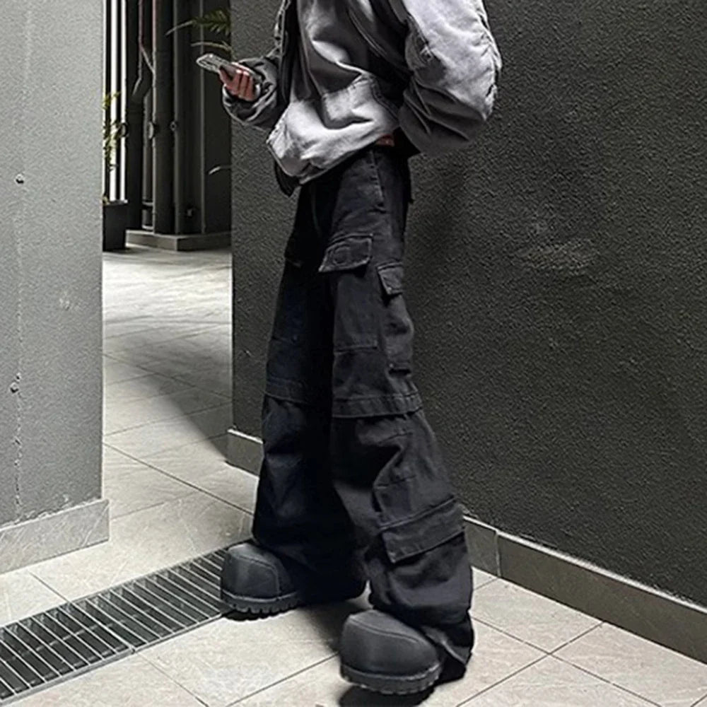 saferido High Street Multi-pockets Washed Black Cargo Pants Mens Straight Pleated Casual Baggy Overalls Oversized Loose Casual Trousers