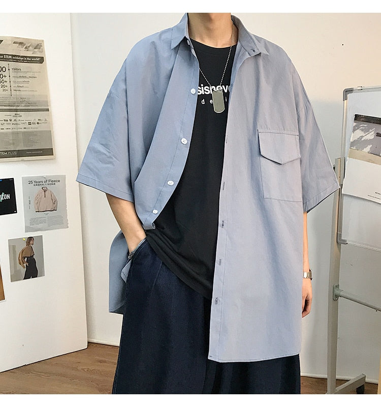 saferido Summer New Fashion Loose Solid Shirts Men's Casual Short Sleeve Shirts Turn-down Collar Clothing Blouses Tops Q02