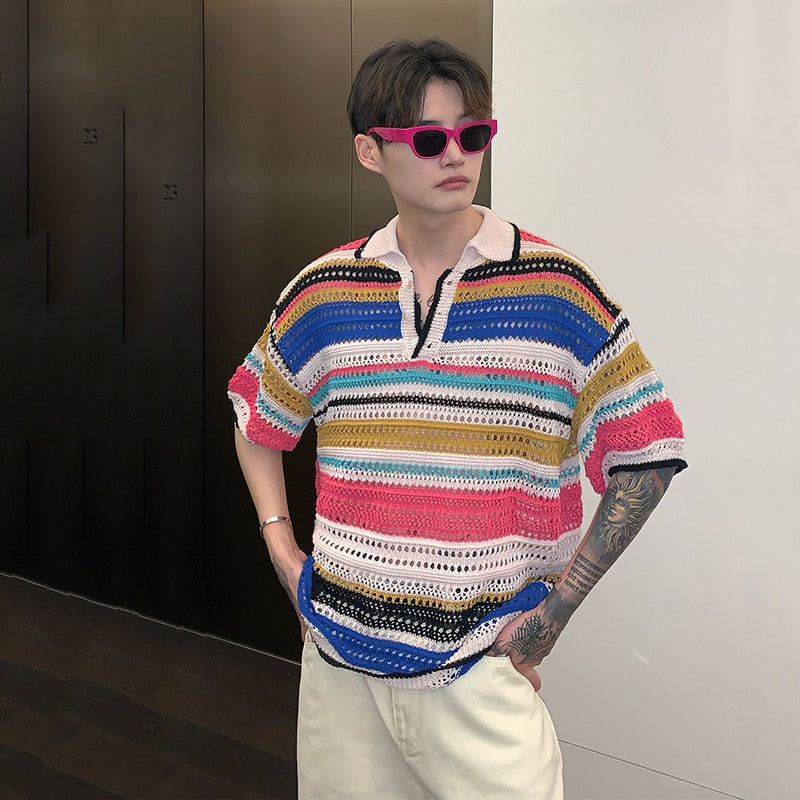 Niche Hollow Out Design New Men's T-shirt Male Casual Contrast Color Summer Short Sleeve Striped Knitwear Trend