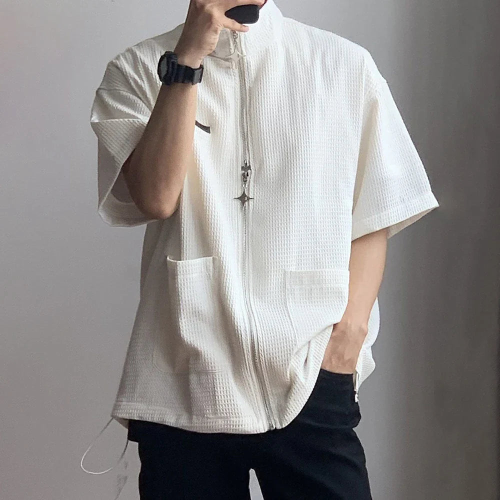 saferido Spring Summer Solid Waffle Shirt Men Zipper Shirts Trend Stand Collar Short Sleeve Tops Unisex Man Shirts Oversized Streetwear F
