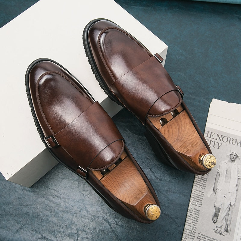saferido Men Fashion Formal Shoes Handmade Monk Shoes Derby Dress Leather Shoe Gentleman Double Buckles Monk Shoes Pointed Wedding Shoes