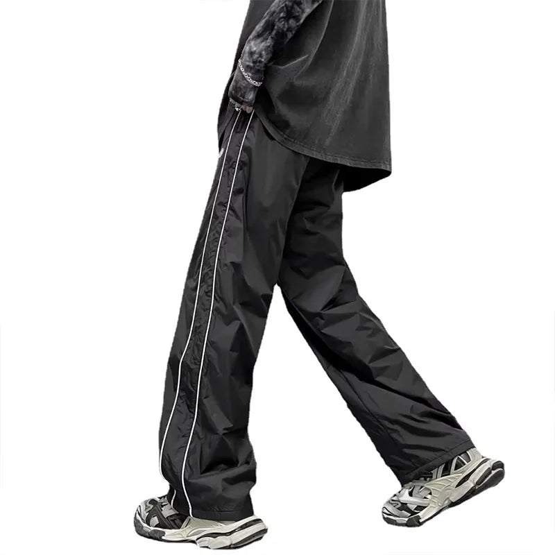 saferido KPOP Fashion Style Harajuku Slim Fit Sweat Pants Loose All Match Casual Pants Stripe Pockets Straight Cylinder Wide Leg Pants