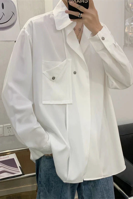saferido Korean Streetwear Spring Color New Style Personalized Men's Suit Stand Collar Diagonal Button Long Sleeve Shirt Male