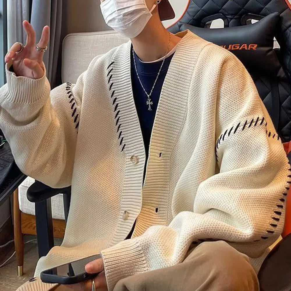 saferido Mens Thin Stitching Design Knitted Sweater Daily Versatile Youth Trend Comfortable Temperament Simple Jacket 2024 Spring Autumn