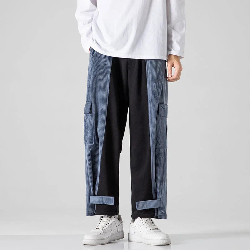 saferido Corduroy Casual Pants for Men's Loose Sports Stitching Pocket Overalls All-match Hip-hop Street Trendy Trousers Spring Autumn
