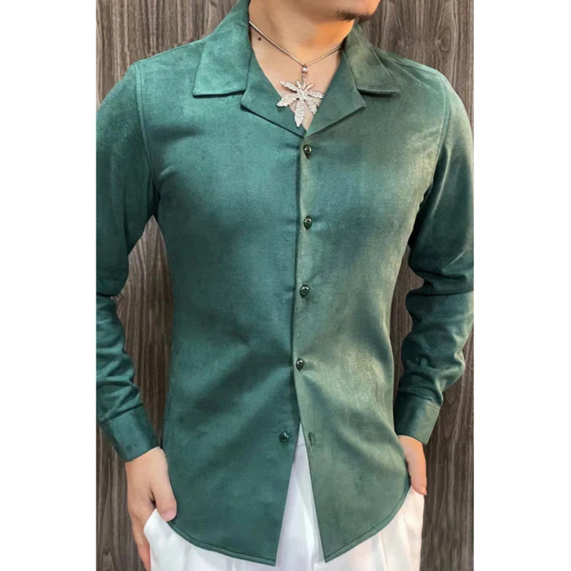 saferido Spring Cuban Collar Casual Long Sleeve Shirt For Men British Luxury Solid Color Shirt Business Formal Dress Shirt Camisa Hombre