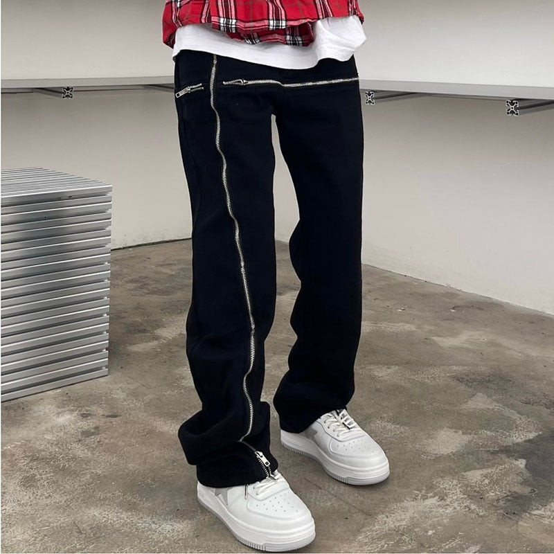 Cross Zipper Decorate Solid Black Mens Cargo Pants High Street Retro Straight Elastic Waist Casual Trousers Loose Overalls