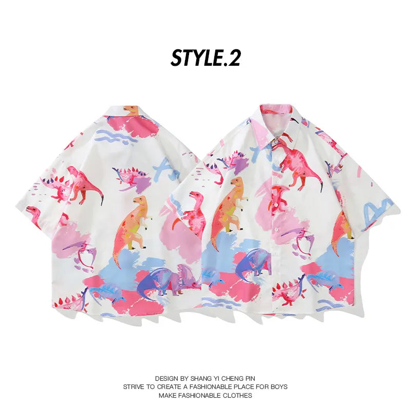 Oversized American Style Summer Fried Street Fashion Small Fish Print New Personalized Mens Casual Shirts