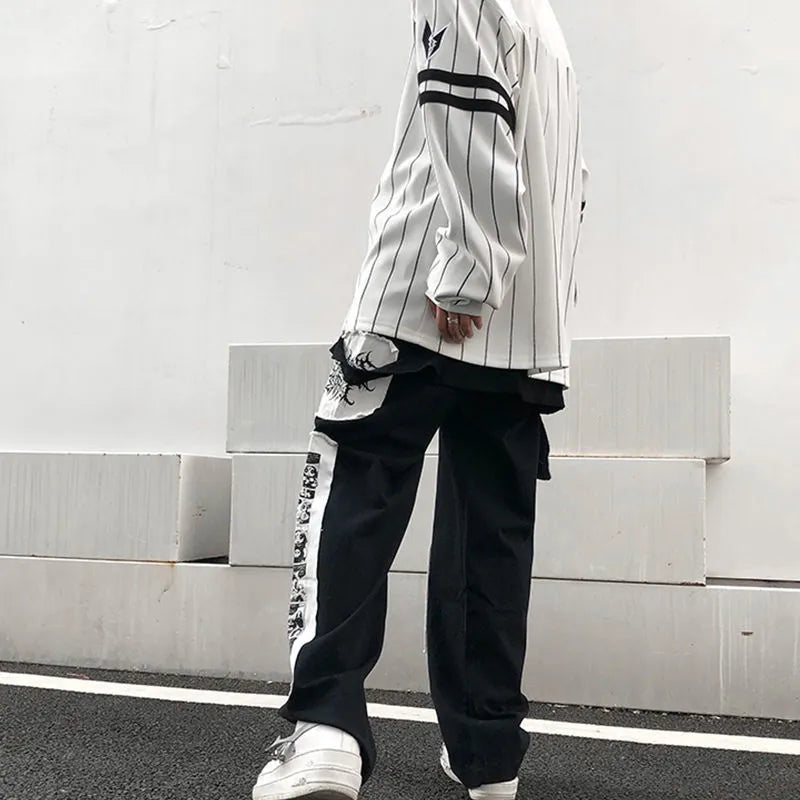 saferido Large Size Cargo Pants Men Spring Autumn Cartoon Patch Ins Fashion Casual Trousers High Street Harajuku Streetwear Male Clothes