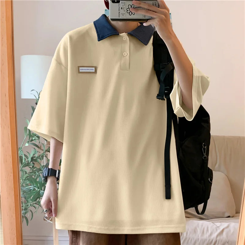 saferido New Arrivals Contrast Color Lapel Polo Shirt Men Summer Japanese Waffle Short Sleeve T-shirts Loose All-match Casual Tee