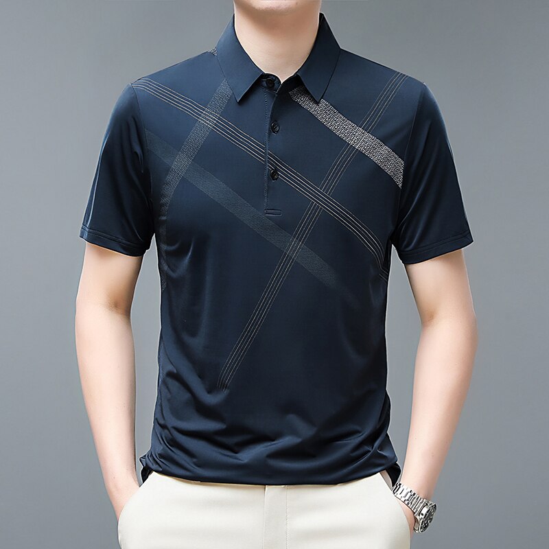 Men T Shirt Business Casual Striped Print Regular Fit Summer T Shirts for Men Turn-Down Collar Short Sleeve Men Tees Tops