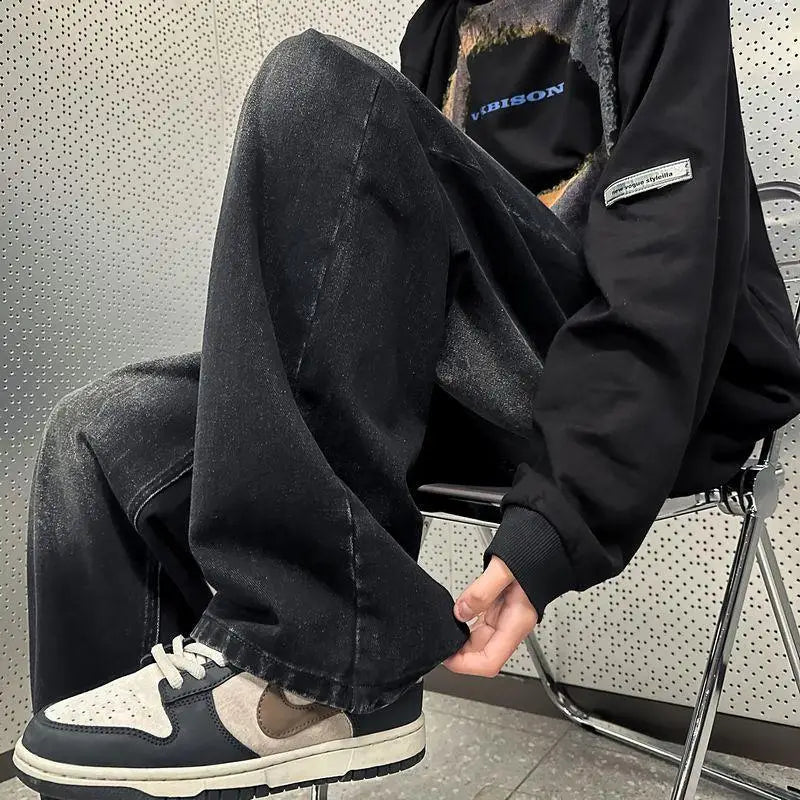saferido Vintage Men Straight Leg Jeans Korean Student Handsome Casual Pants High Street Loose Wide Leg Jeans Vintage Blue Baggy Jeans