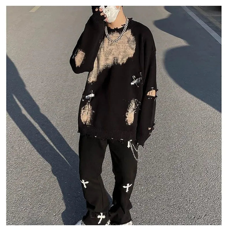 saferido Korean style Retro Worn-out Sweater For Men With Of Design Clip Loose Fit Trendy Winter Streetwear Knitwear Fashion