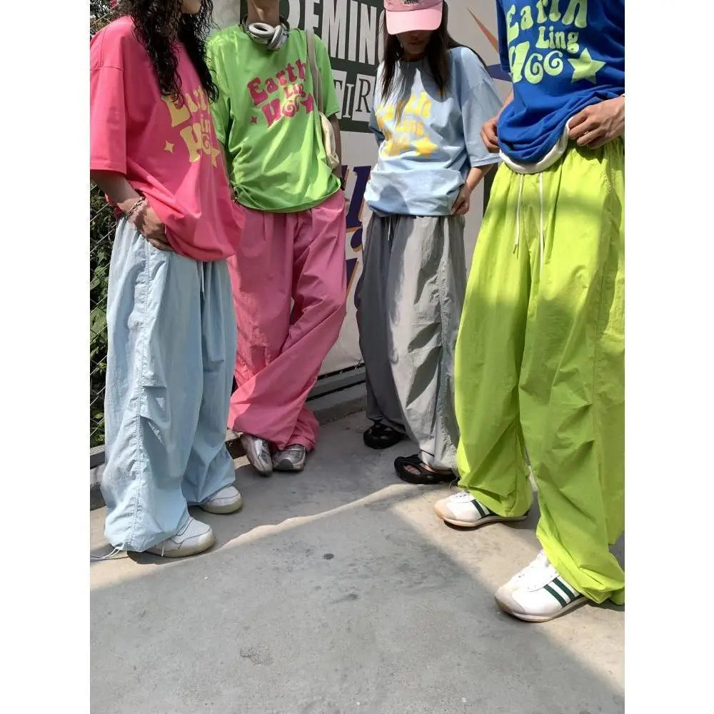 saferido Y2k Pink Wide Parachute Pants Men Harajuku Quick Drying Oversized Casual Joggers Korean Streetwear Baggy Sports Trousers