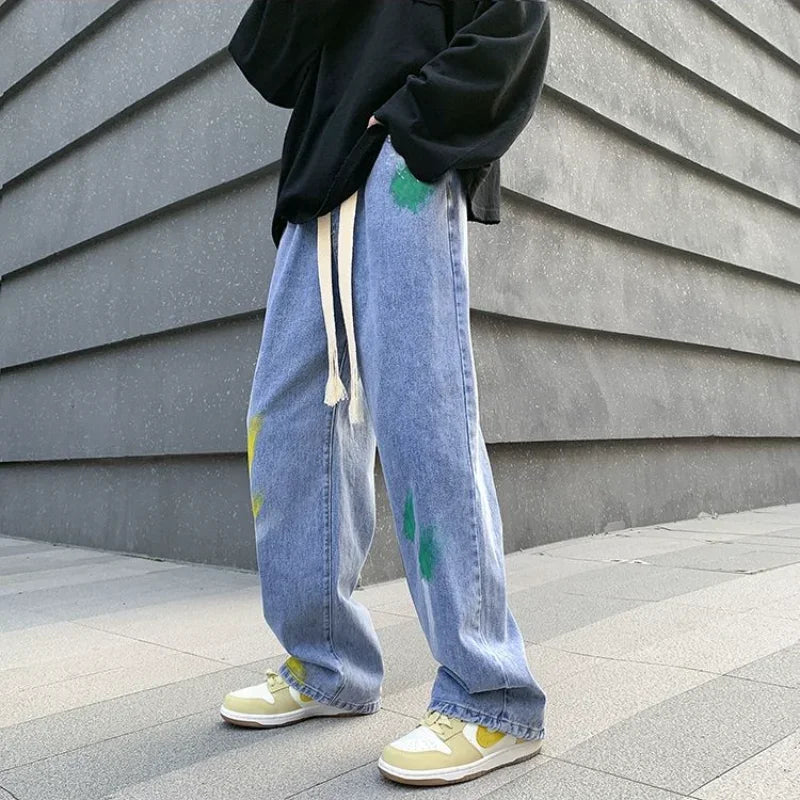 saferido Men's Jeans Painted Y2k Streetwear Trousers Harajuku Man Cowboy Pants Straight Tie Dye Hip Hop Y2k Vintage Stacked Cotton
