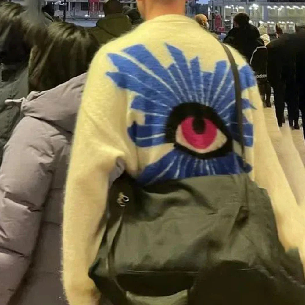 saferido Retro Knitted Sweater Unisex American Warm Sweater Men's and Women's Harajuku Eye Pattern Cotton Y2K Couple Pullover