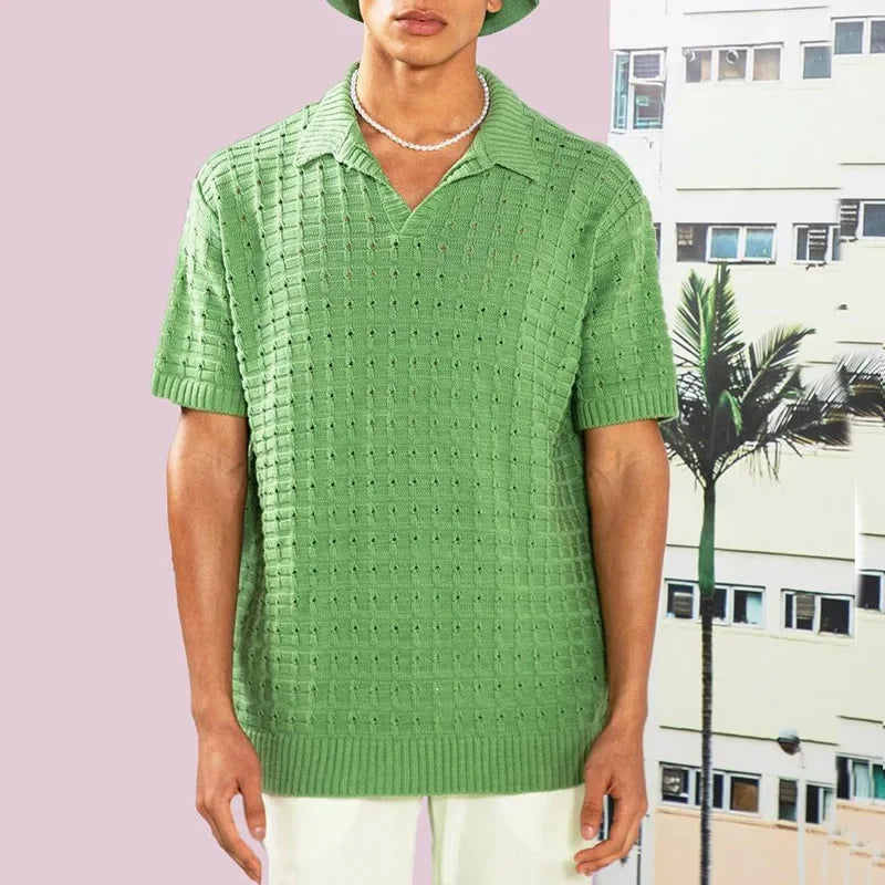 Men's Elastic Loose T-shirt Sweater Men's Knitted Short Sleeve Casual T-shirt Men's V-neck T-shirt Men's