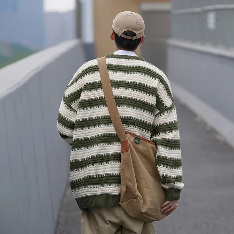 saferido Striped Knitted Sweater Coat Men Japanese Oversize Casual Autumn Winter Loose O-neck Pullovers for Man Streetwear Korean