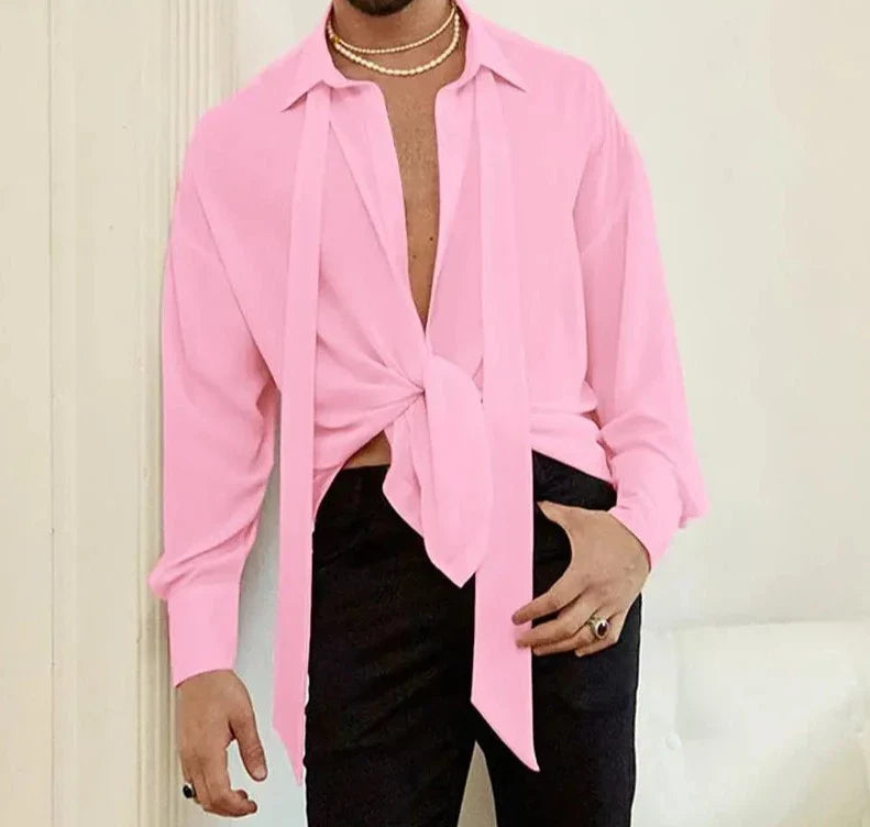Men Shirt Lapel Long Sleeve Lace Up Streetwear Button Loose Casual Men Clothing Solid Color Fashion Camisas S-5XL