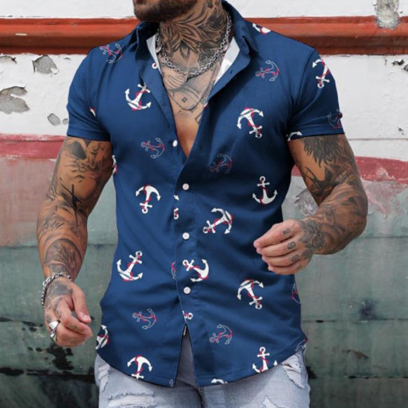 Vintage Plaid Printing Short Sleeve Mens Shirt Clothes Fashion Turn-down Collar Buttoned Tops Men's Summer Loose Casual Shirts