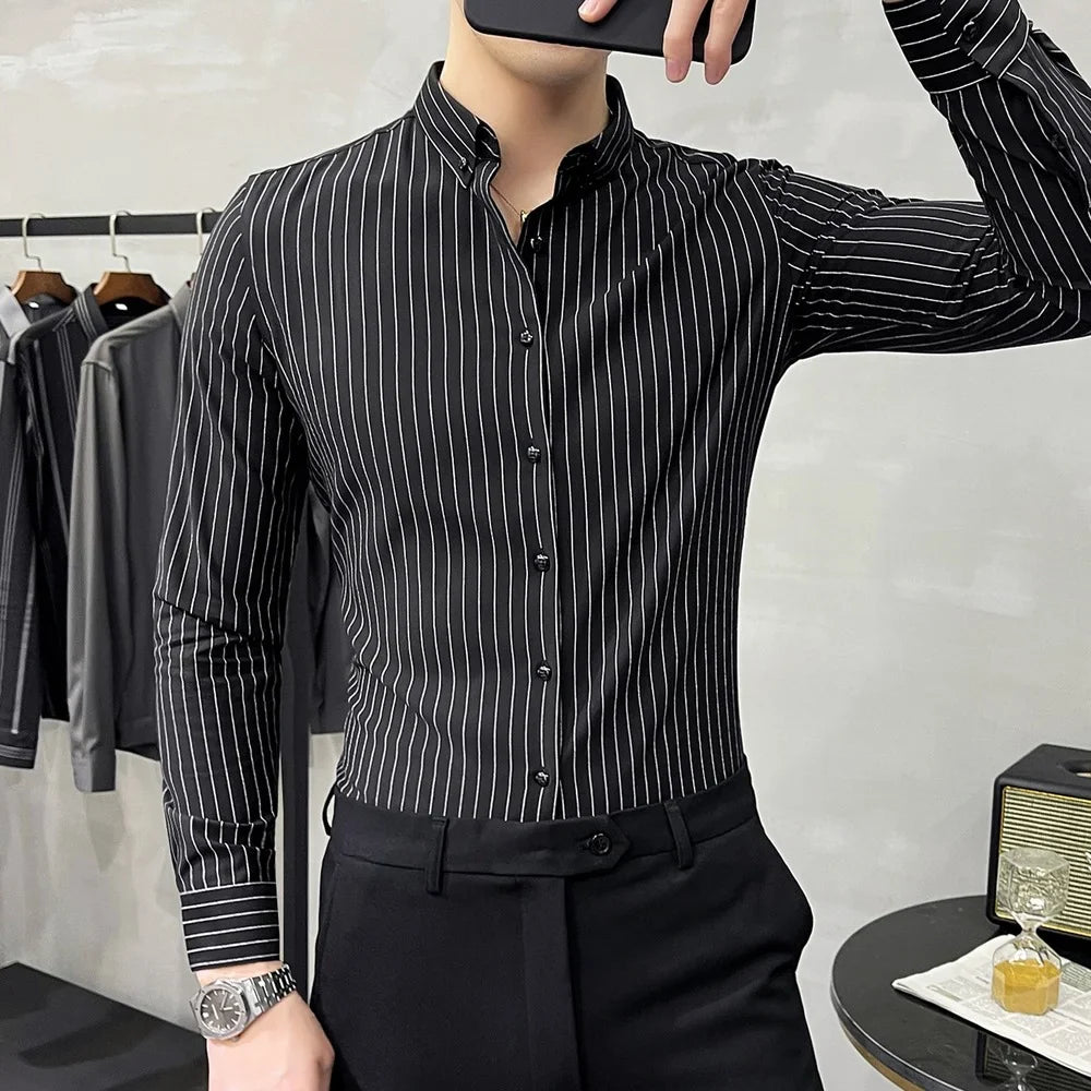 Striped Shirt Mens Spring New British Style Business Casual Long Sleeve Iron-Free Anti-Wrinkle Dress Shirt Mens Clothing