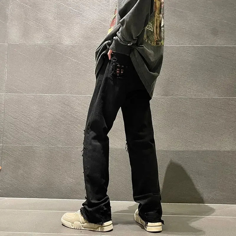saferido Trousers with Holes Man Cowboy Pants Aesthetic Ripped Men's Jeans Torn Broken Black Straight Trend Loose Cotton Washed Kpop