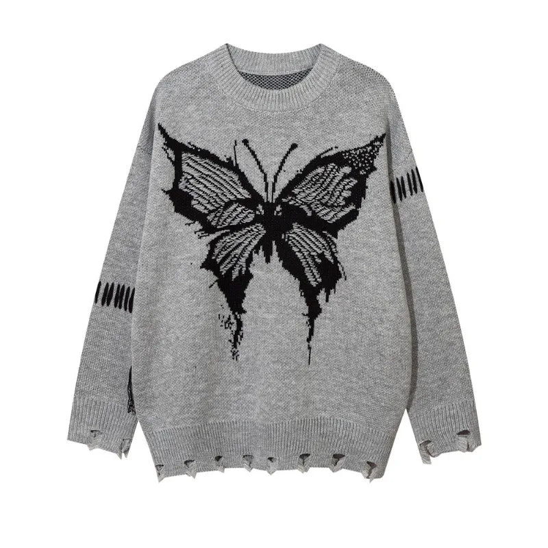 saferido High Street Trendy Men Sweater Dark Butterfly Jacquard Round Neck Pullover with Hole in The Bottom Hem Knitwear Spring Autumn
