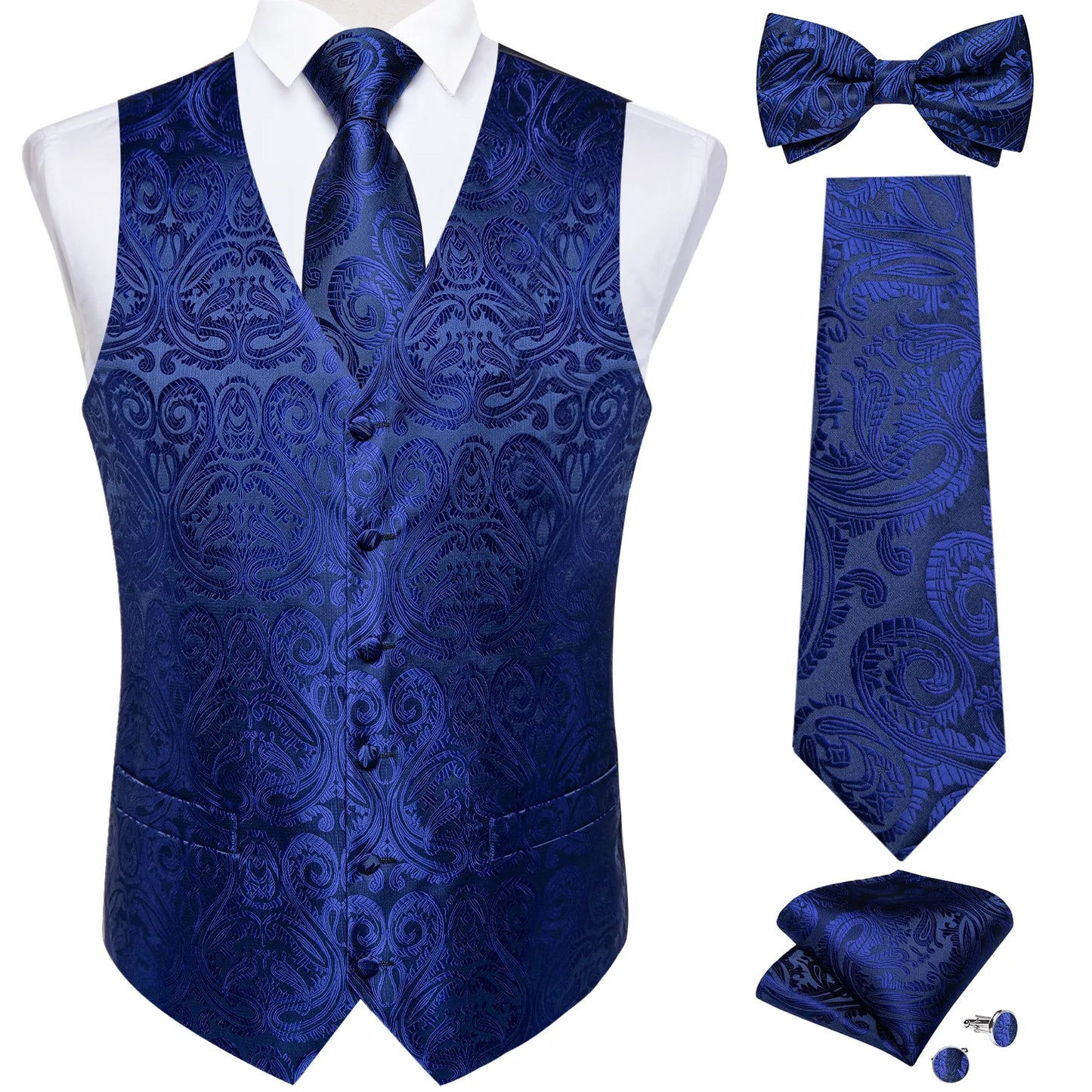 Men Black Paisley Vest Necktie Bowtie Pocket Square Cufflinks Dress Set Classic 5 PCS Business Waistcoat for Man