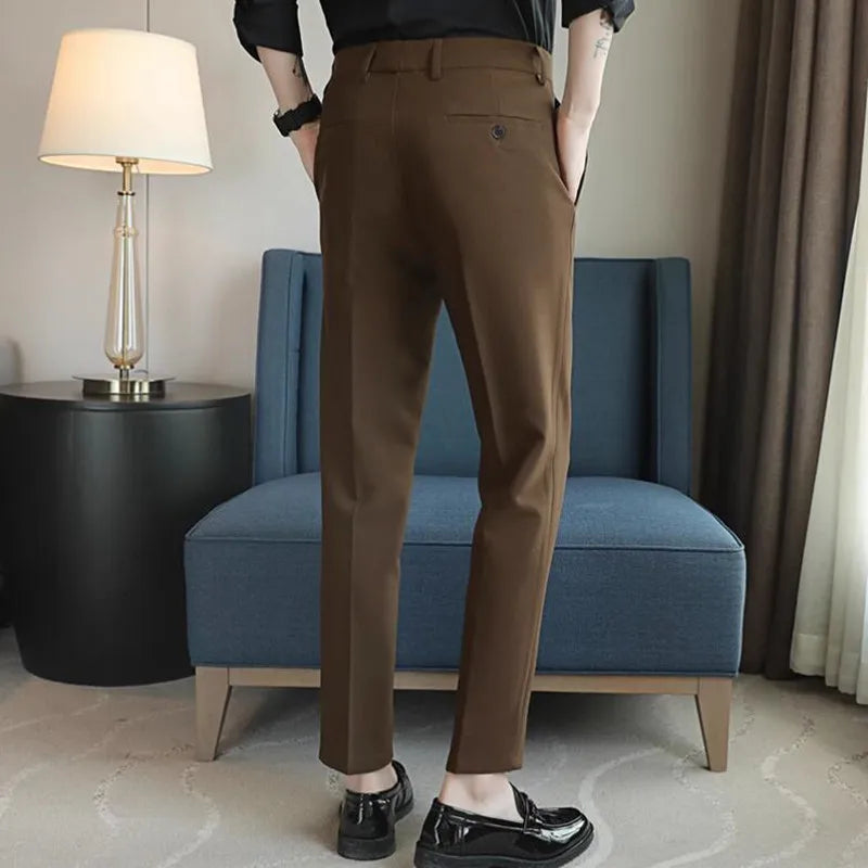 saferido Men Dress Pants High Waist Trousers Autumn New British Style Straight Slim Fit Suit Pants Solid Casual Fashion Men Clothing