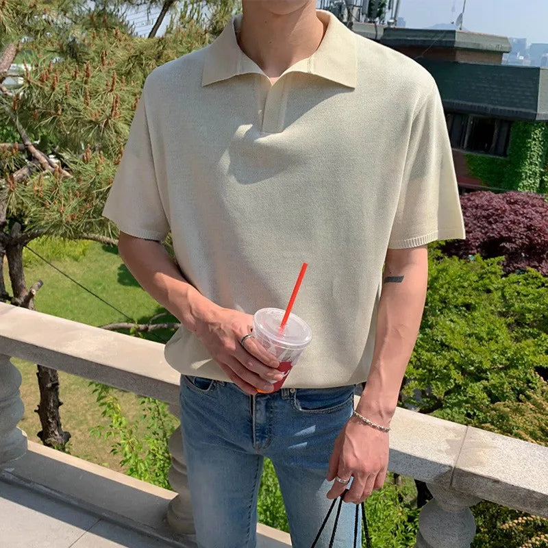 Men's Light Luxury Leisure Solid Color V-Neck Knitted Polo Shirt Short Sleeve T-Shirt for Men Breathable Fashion Knitwear