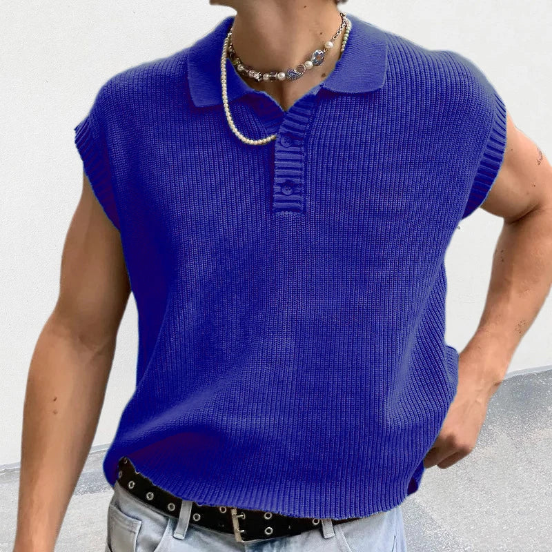 Solid Knitting Tops Men Sleeveless Buttoned Turn-down Collar Knit Vest Shirts Spring Summer Men's Clothing Fashion