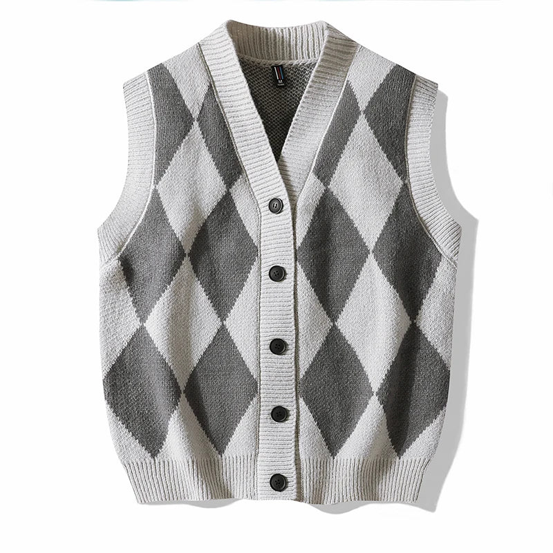 Men's Plaid Sweater Vest Sleeveless V-Neck Button Cardigan Vest Fashion Office Knitted Vest Classic Fit Tank Tops