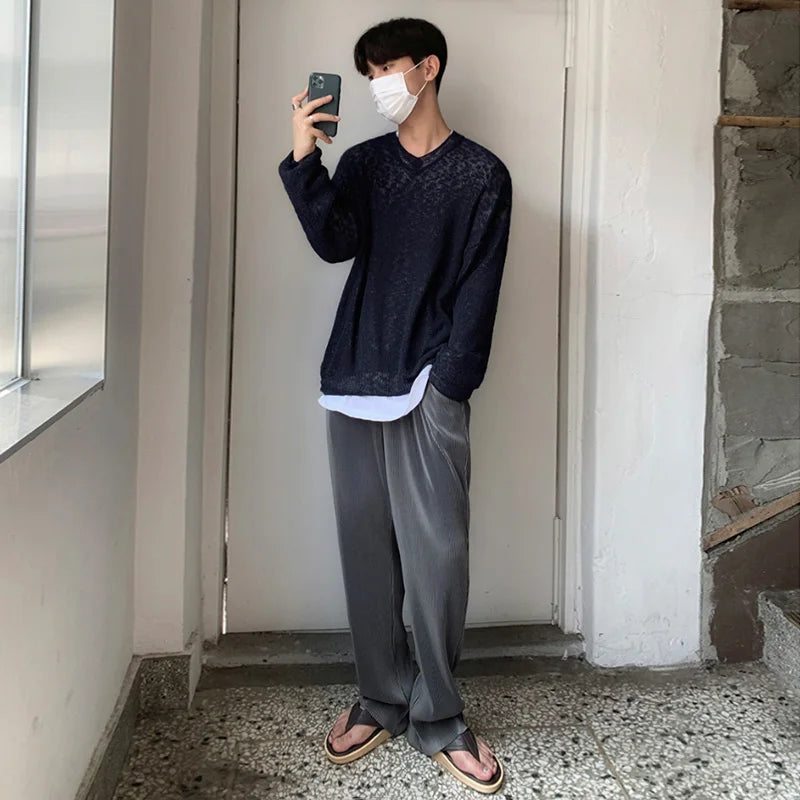 saferido Summer Pleated Pants Men Fashion Gray Black Ice Silk Pants Men Streetwear Korean Loose Straight Pants Mens Baggy Trousers M-3XL