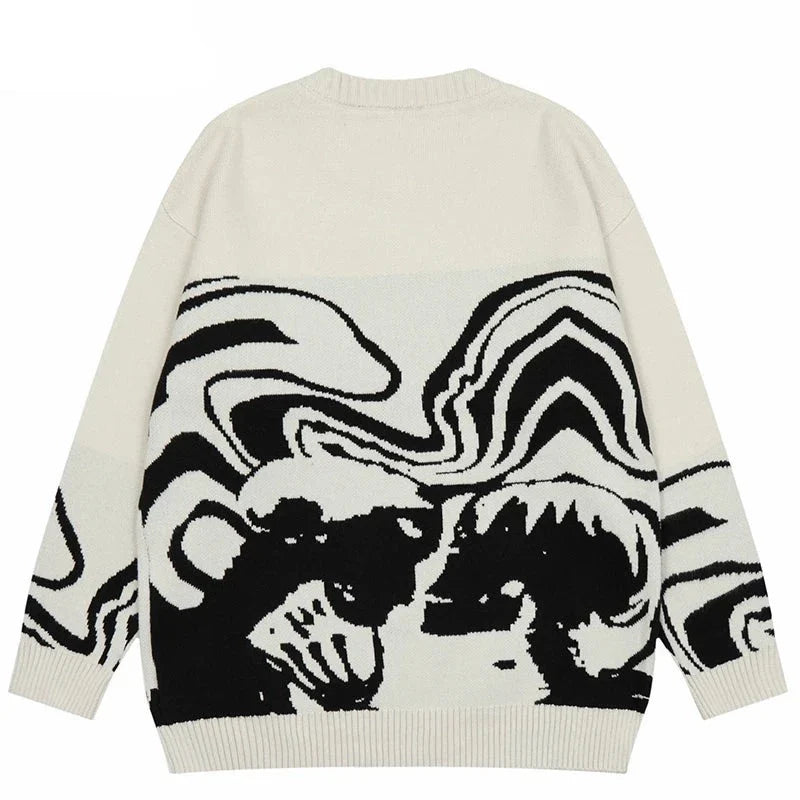Men Streetwear Sweater Retro Painting Skull Graphic Hip Hop Knitted Sweater Vintage Pullover Casual Wool Sweater Hipster