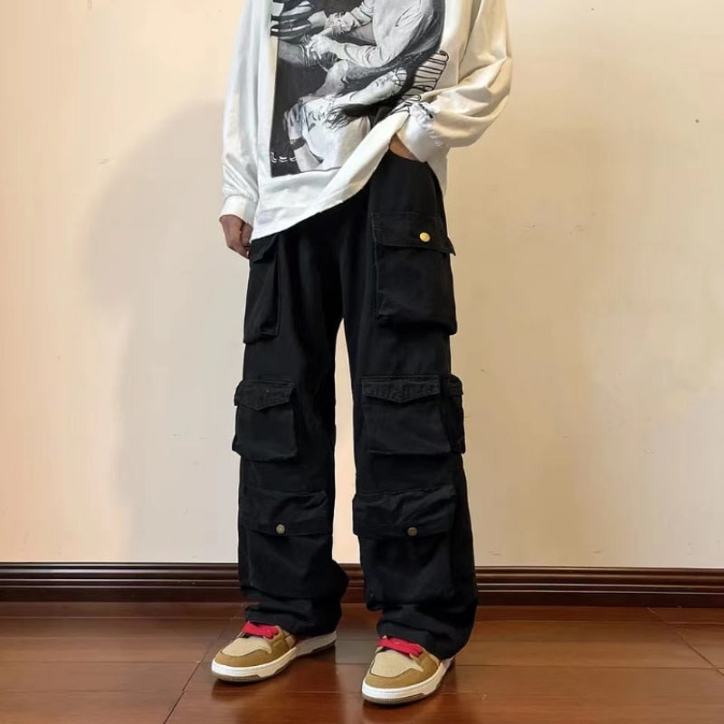 Y2k Hip-hop Cargo Pants Multi-pockets Tooling Pant Harajuku Men's Vintage Loose Wide Leg Pants Streetwear Casual Trousers