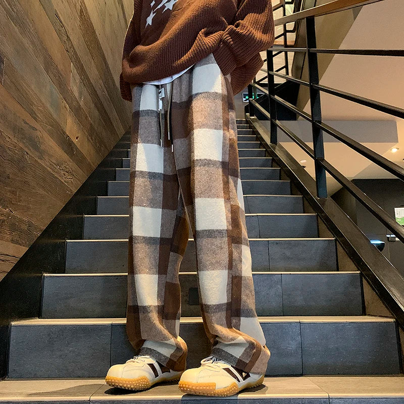 saferido Winter Thickened Woolen Pants Men Warm Retro Plaid Pants Men Oversized Streetwear Loose Wide Leg Pants Mens Thick Trousers M-2XL