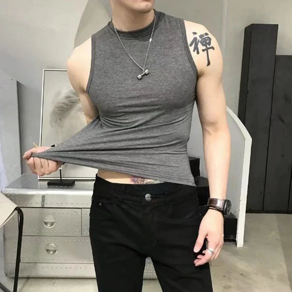 saferido Summer Vest Men's Trend Tight Stand Collar Sleeveless Sexy T-shirt Top American Slim Fitness Stretch I-word Vest Bottoming Shirt