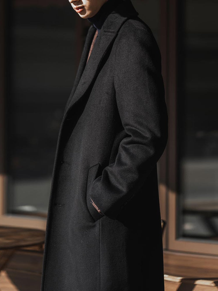 Autumn Winter Long Warm Black Trench Coat Men Single Breasted Luxury Wool Blends Overcoat High Quality Clothing