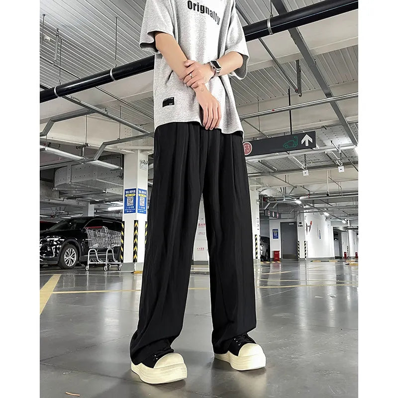 saferido Summer Casual Pants Men Solid Simple Ice Silk Breathable Baggy Wide Leg Trousers Japanese Style Vintage Fashion Couples Chic Ins