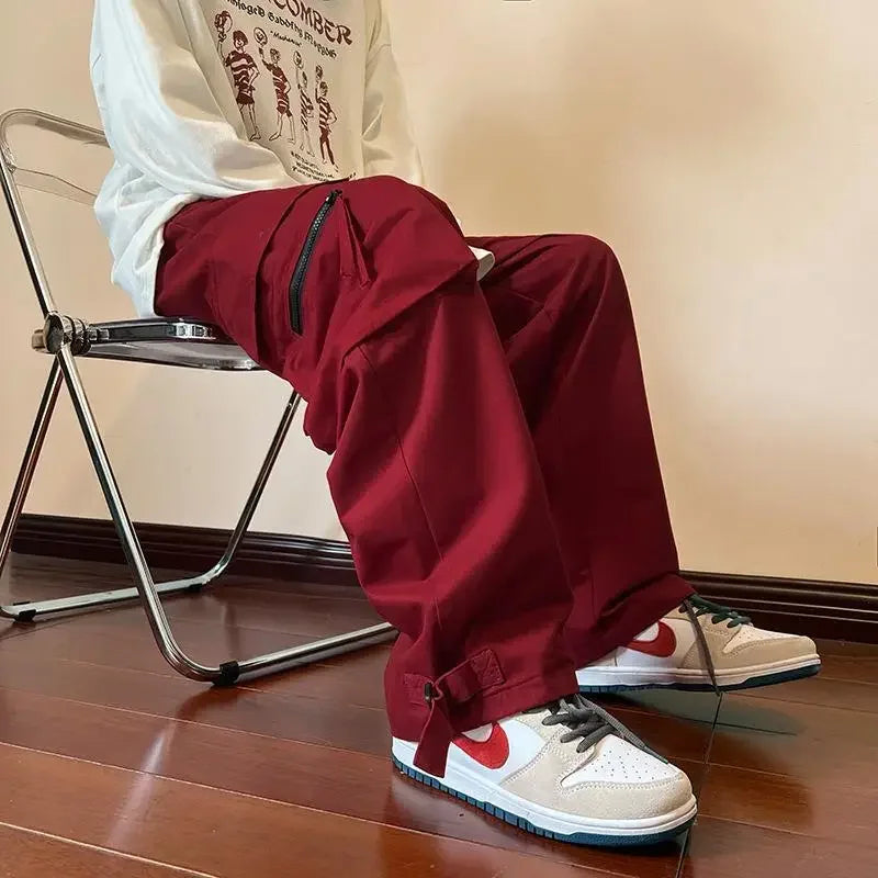Trendy American Style Casual Pants For Men Loose Fit Straight Leg Hip Hop Summer Pants Fashion Red Cargo