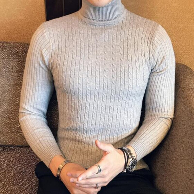 Korean Slim Solid Color Turtleneck Sweater Mens Winter Long Sleeve Warm Knit Sweater Classic Solid Casual Bottoming Shirt