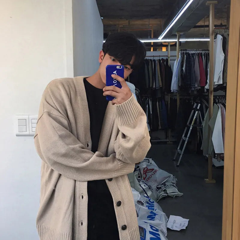 New Men's Clothing V-neck Single-breasted Men's Wear Knitted Sweater Loose Solid Color Knitted Cardigan Coat Autumn