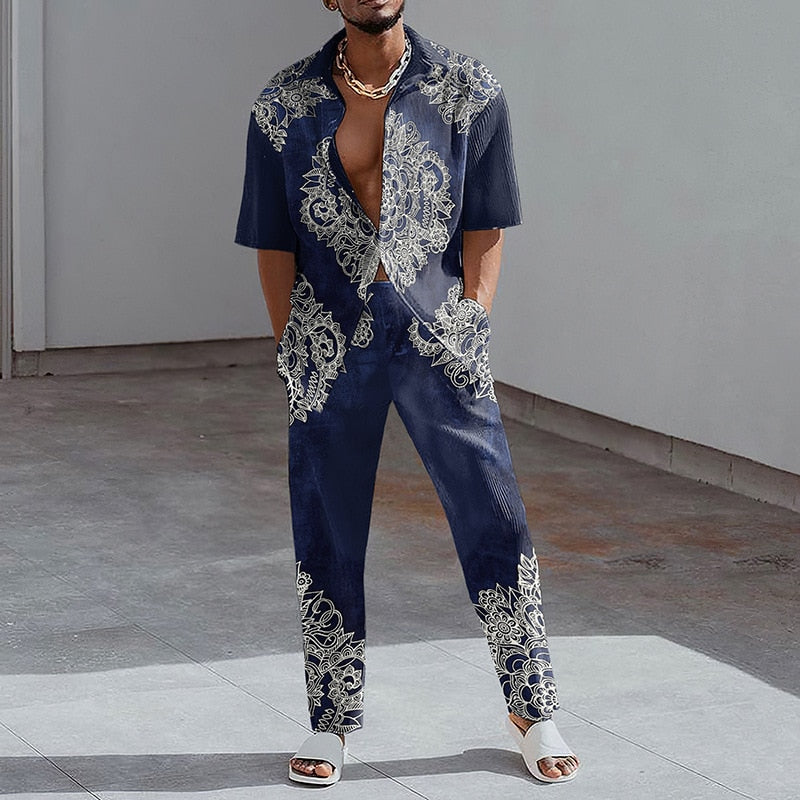 Fashion Print Two Piece Set Men Summer Short Sleeve Lapel Button Shirts And Straight Pants Suit For Mens Outfits Casual Clothing