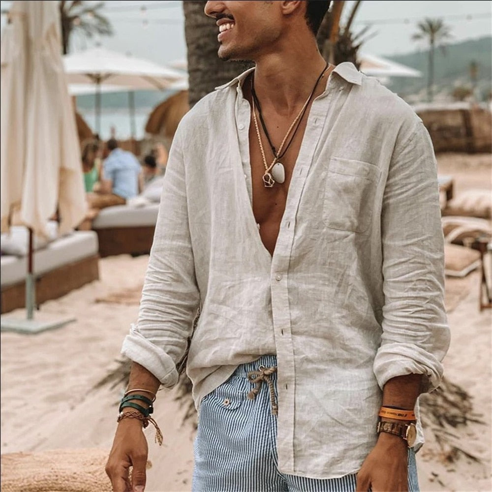 Men Casual Cotton Linen ShirtsStanding Collar Male Solid Color Long Sleeves Loose Tops Spring Autumn Handsome Men's Shirts