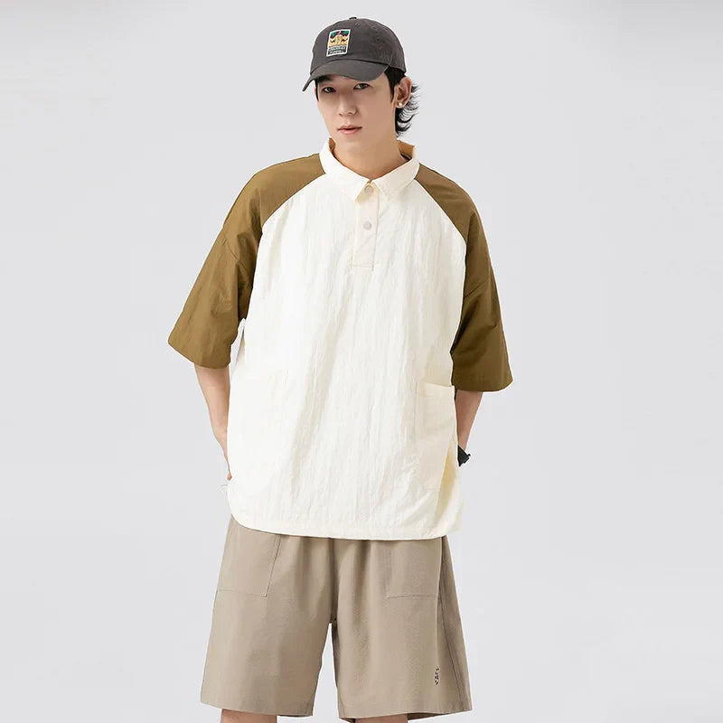 saferido Couple Japanese Shirt Harajuku Oversized Short Sleeve Shirt for Men Women Hawaiian Contrast Stitching Polo Geometric Streetwear