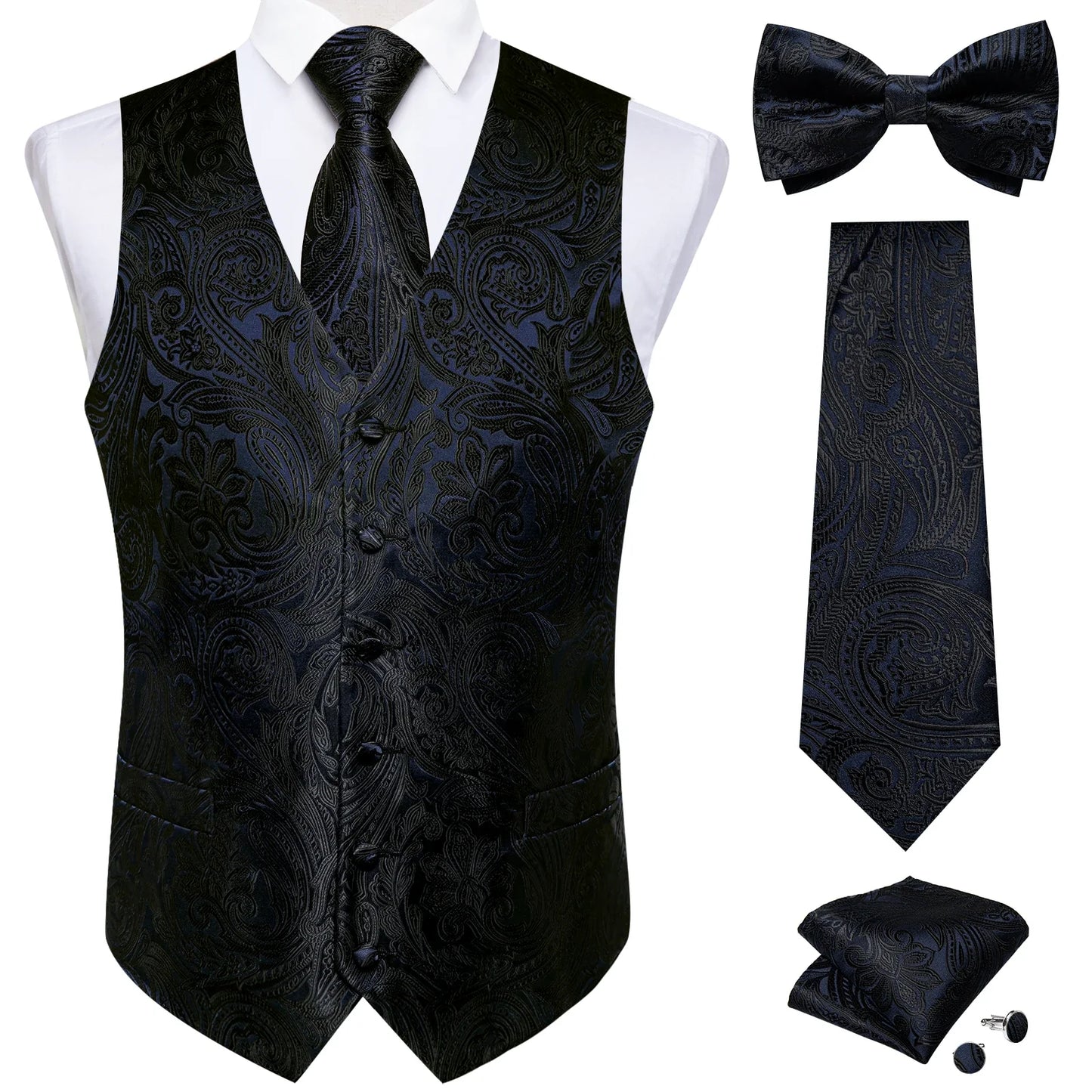 Men Black Paisley Vest Necktie Bowtie Pocket Square Cufflinks Dress Set Classic 5 PCS Business Waistcoat for Man